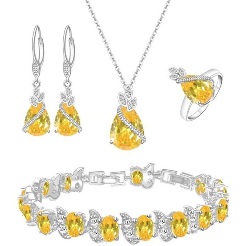 Teardrop Canary Cubic Zirconia Necklace Earrings Adjustable Ring Bracelet Set